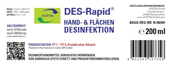 Extrapack HOFRA DES-Rapid   (20x200 ml) Hand-& Flächendesinfektion (Reisesprühflasche)